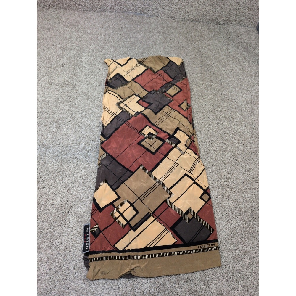 Halston Red 100% Silk Scarf Geometric Abstract Block Print Terracotta Tan 28x10